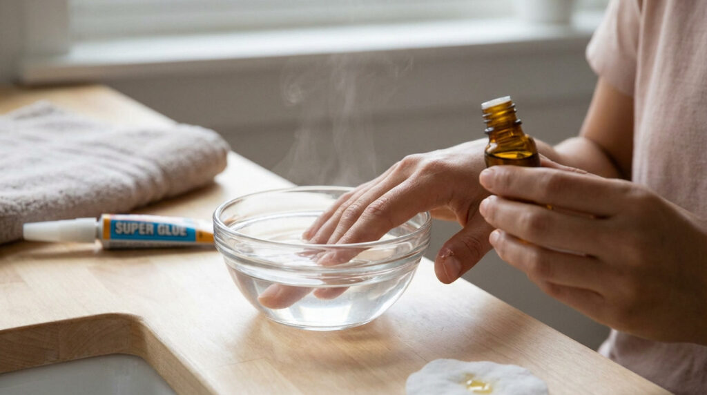 Hands gently removing super glue from a finger. One hand soaks in warm, steaming water; the other holds an oil bottle.