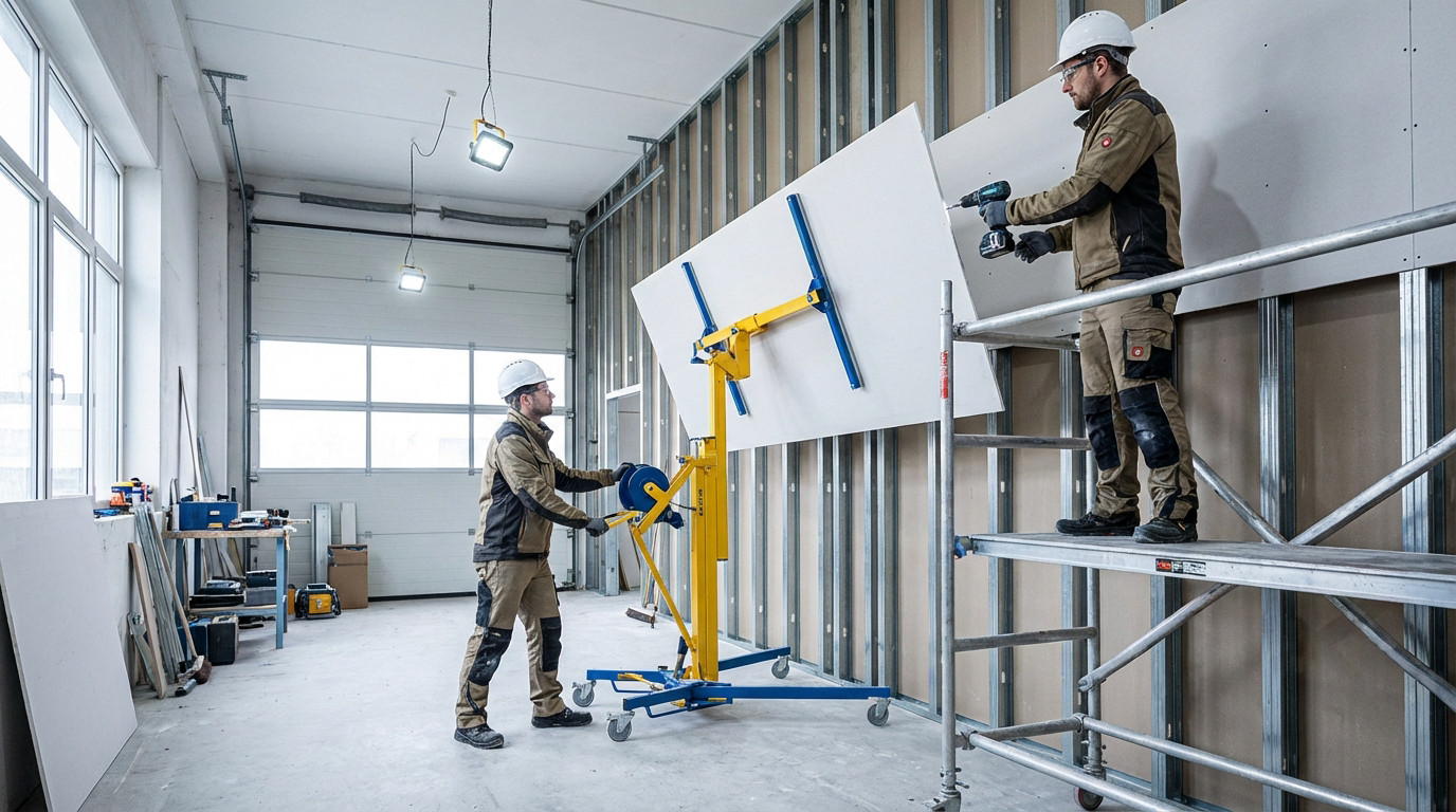Two workers install plasterboard on a high wall using a yellow lift and scaffolding in a well-lit construction site.