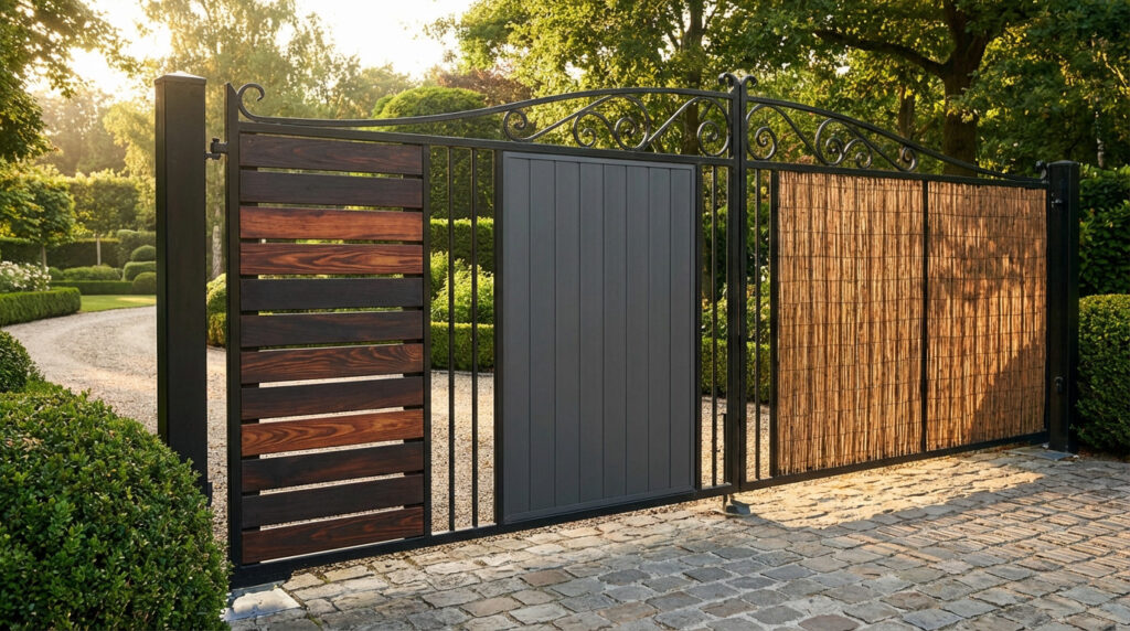 Elegant black iron gate featuring wooden slats, grey PVC panels, and bamboo screens at a sunny garden entrance with a paved path.