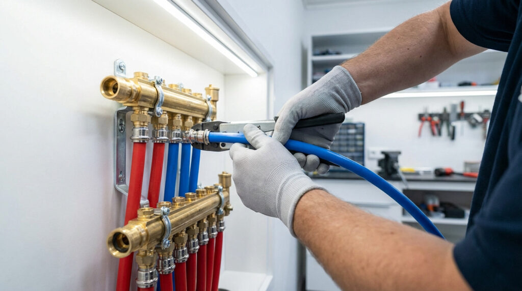 Gloved hands precisely crimp a blue multi-layer pipe to a brass plumbing manifold. Red and blue pipes are neatly connected on a clean wall in a well-lit technical room.