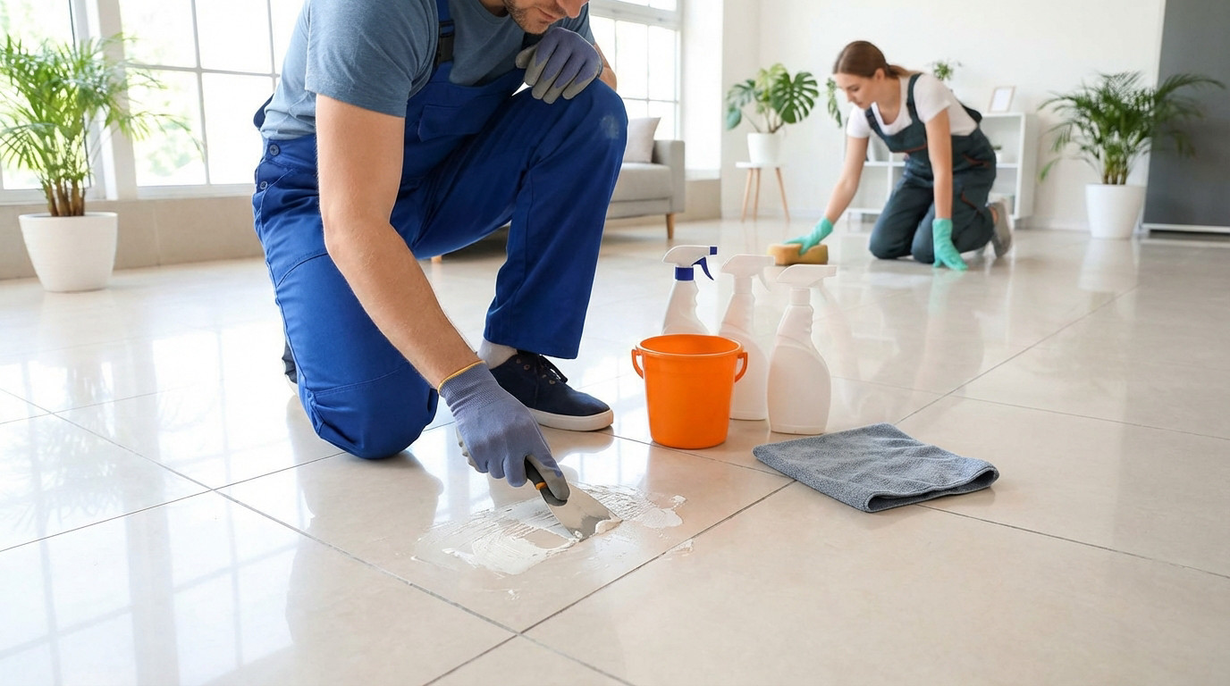 Two professionals clean light ceramic tiles in a modern home. One scrapes residue, the other wipes clean, showing focused effort.