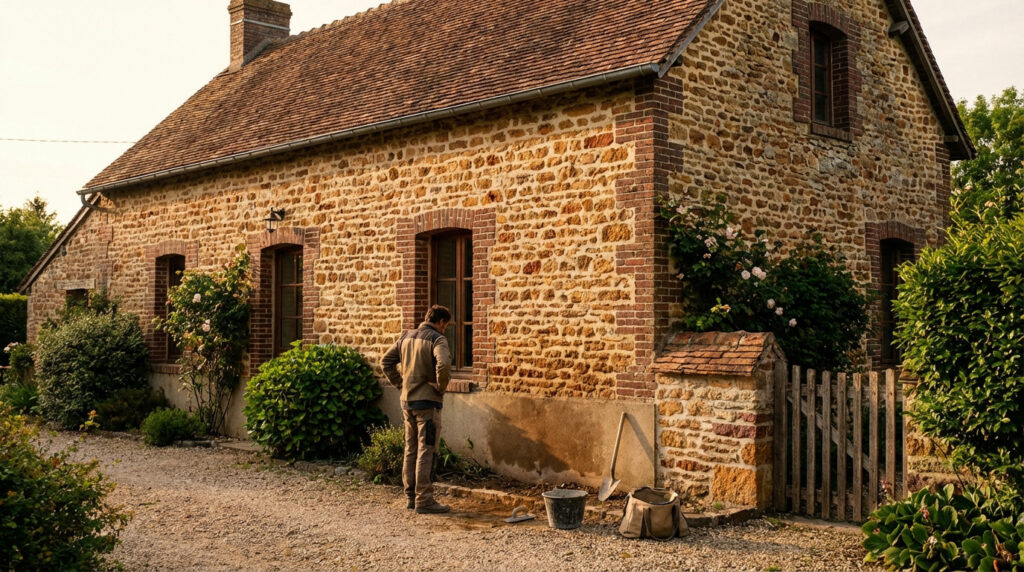 Person in work attire inspecting a historic French millstone house's stone wall for humidity, with renovation tools nearby in golden light.