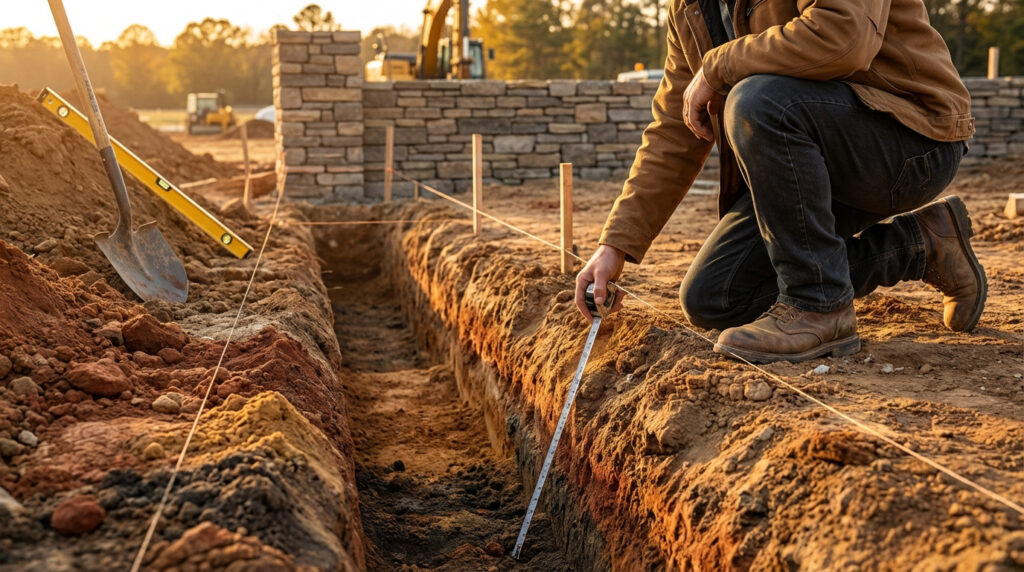 Worker measuring a fence foundation trench at golden hour. Soil layers, shovel, level, and partially built wall visible.