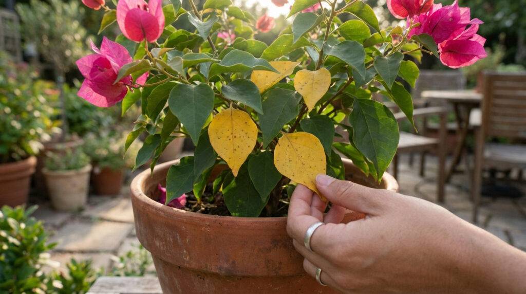 Hand gently inspects a yellowed bougainvillea leaf with tiny brown spots. Vibrant fuchsia flowers and green leaves fill a terracotta pot in a sunlit garden.