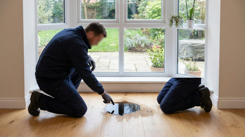 Person in dark uniform kneels, pointing at a reflective water puddle on a wooden floor by a bay window, inspecting a leak.