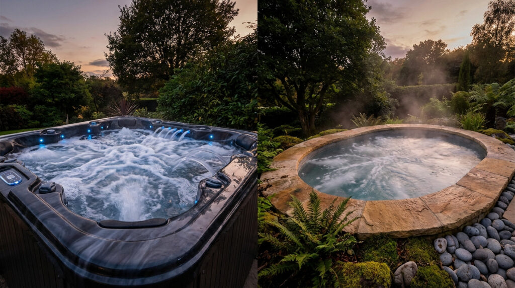 Two luxurious water installations side-by-side: a modern hot tub with energetic bubbles and a tranquil stone spa with gentle steam, in a lush garden at dusk.