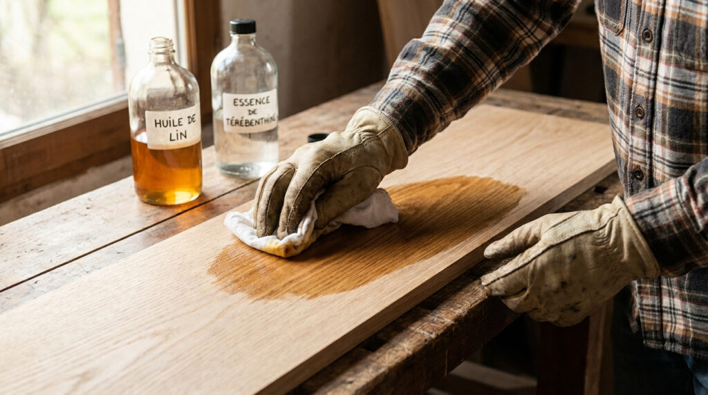 Gloved hands apply golden linseed oil to a wooden plank with a cloth, enriching its grain. Linseed oil and turpentine bottles are visible.