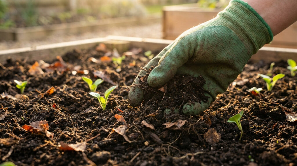 Close-up of a gloved hand sifting rich, dark soil teeming with organic matter and young green seedlings under warm sunlight.
