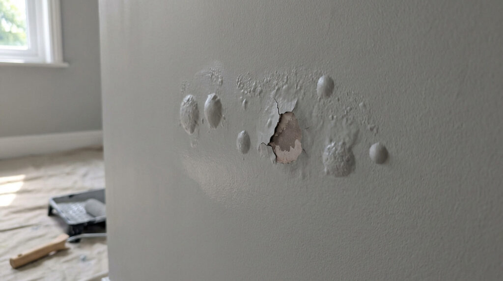 Close-up of a light grey wall with severe paint blistering, including a large cracked blister revealing plaster, hinting at moisture damage. A paint tray is in the background.