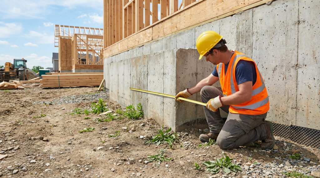 Worker in hard hat and hi-vis vest precisely measures a grey concrete foundation wall with a yellow tape on a sunny construction site.