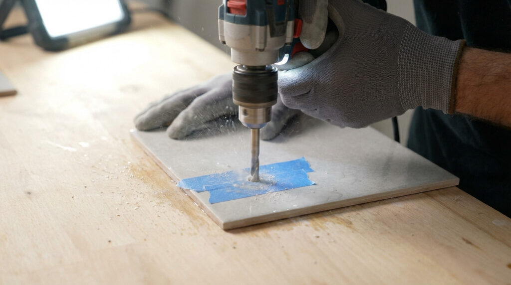 Close-up of gloved hands using a power drill with a diamond bit to precisely drill a hole in a light grey ceramic tile. Water mist and masking tape are visible.