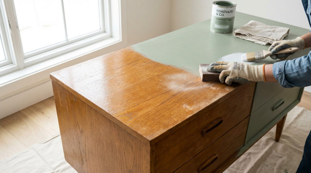 Manos lijando y pintando un mueble vintage de madera en verde salvia. Se aprecia la transición de la madera original al nuevo acabado mate.