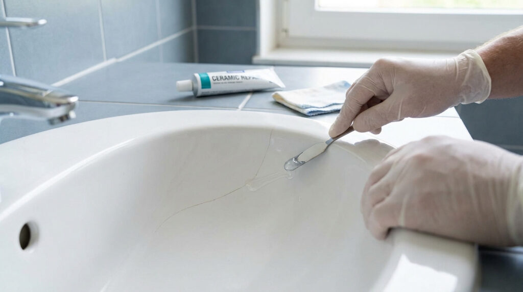 Close-up: gloved hands applying clear repair compound with a small spatula to a fine crack in a white ceramic sink. Bright bathroom setting.