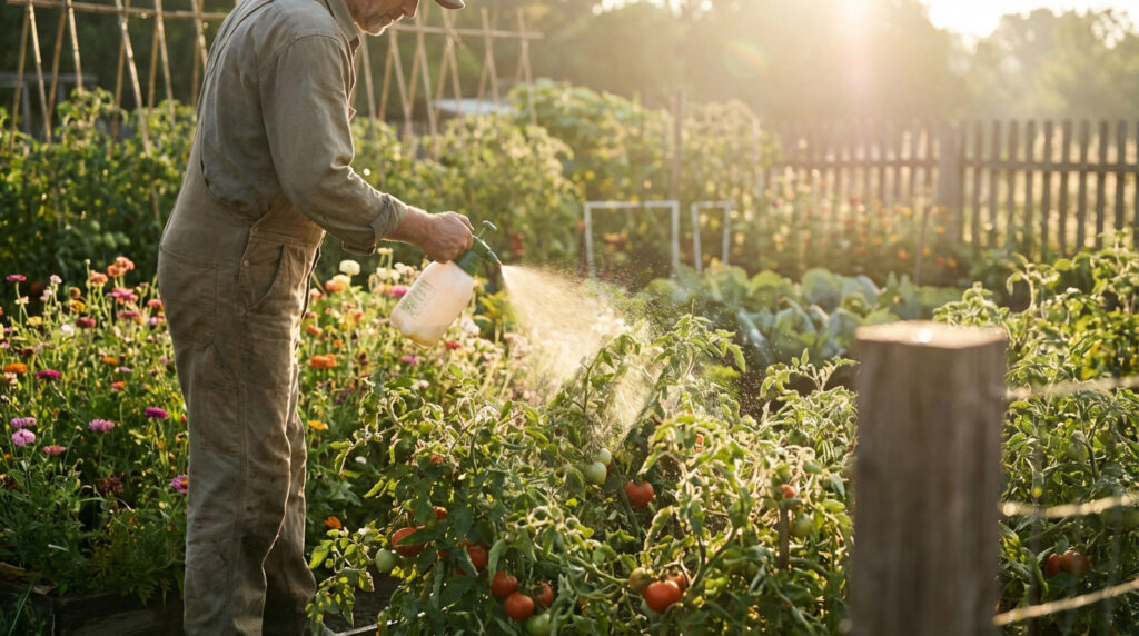 A gardener in overalls sprays mist on lush tomato plants with red and green tomatoes in a golden sunlit garden.