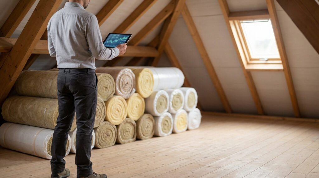 A person in a clean attic, holding a tablet displaying a graph, stands next to neatly stacked insulation rolls. Natural light from a skylight illuminates wooden beams.