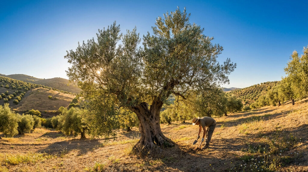 Person tending a majestic olive tree in a sun-drenched Mediterranean grove with rolling hills and clear blue sky.