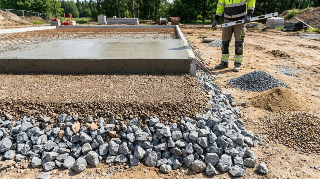 Détail des couches de gravier sous une dalle béton fraîchement coulée, avec un ouvrier mesurant sur un chantier.