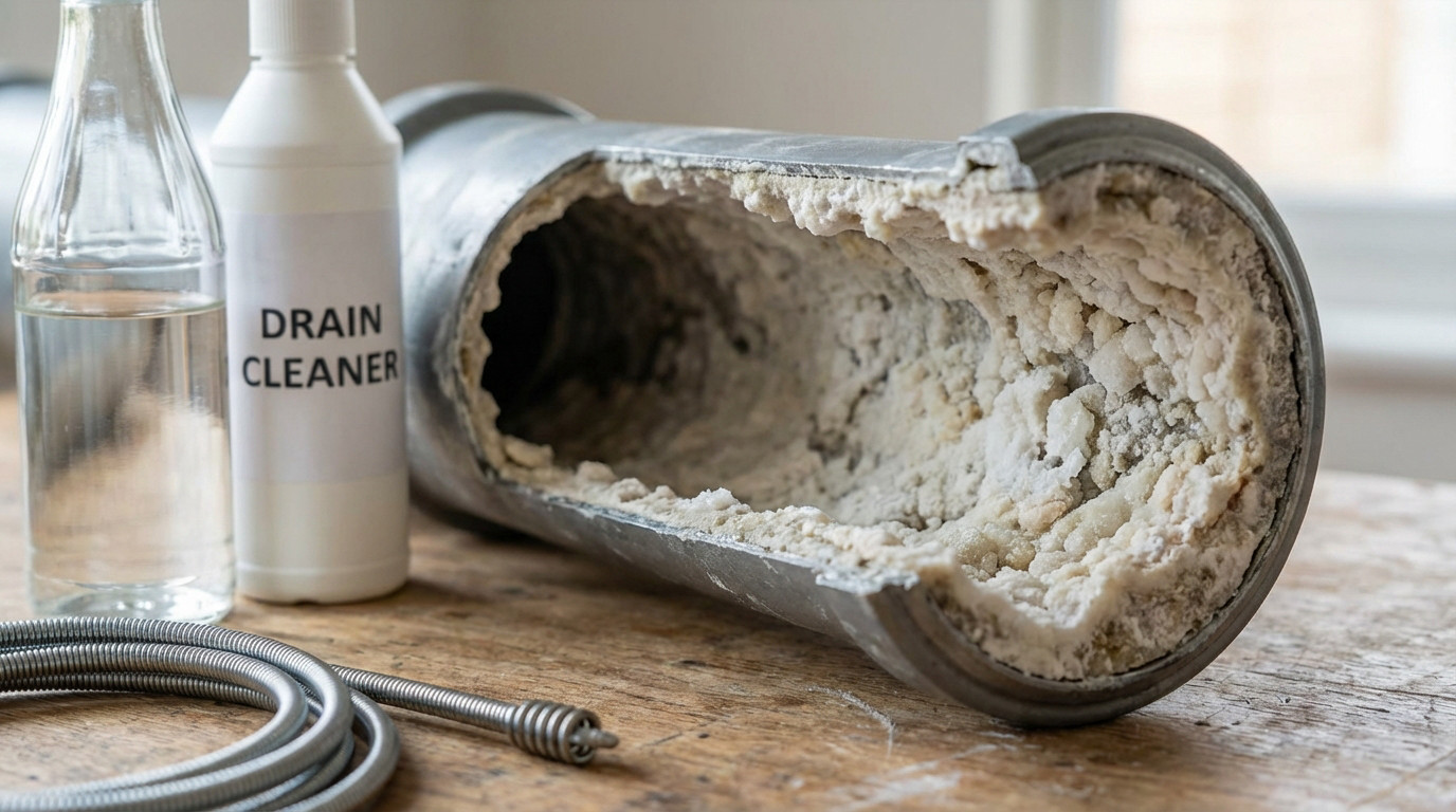 A cutaway grey drain pipe with thick white limescale buildup, next to vinegar, drain cleaner, and a drain snake on wood.