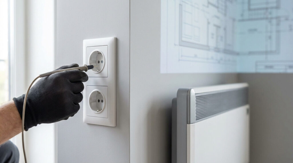 Gloved hand inspecting a modern white electrical outlet with a probe. Blurred radiator and architectural blueprint in background.