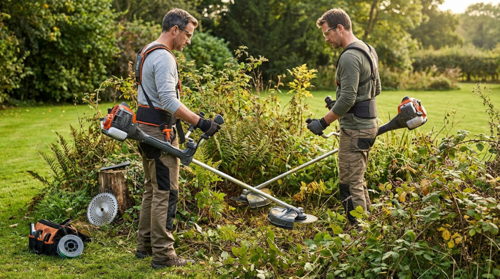 Two men ergonomically operate modern brush cutters with harnesses in a garden, tackling dense brush. A metal blade is visible.