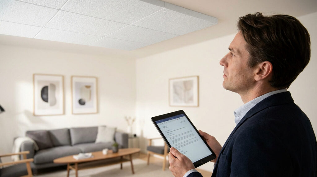 Un homme en veste regarde un plafond à panneaux blancs, tenant une tablette affichant un document. Scène dans un salon moderne.