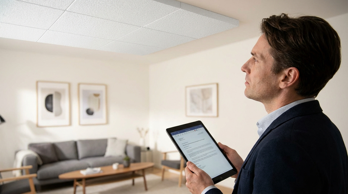 Un homme en veste regarde un plafond à panneaux blancs, tenant une tablette affichant un document. Scène dans un salon moderne.