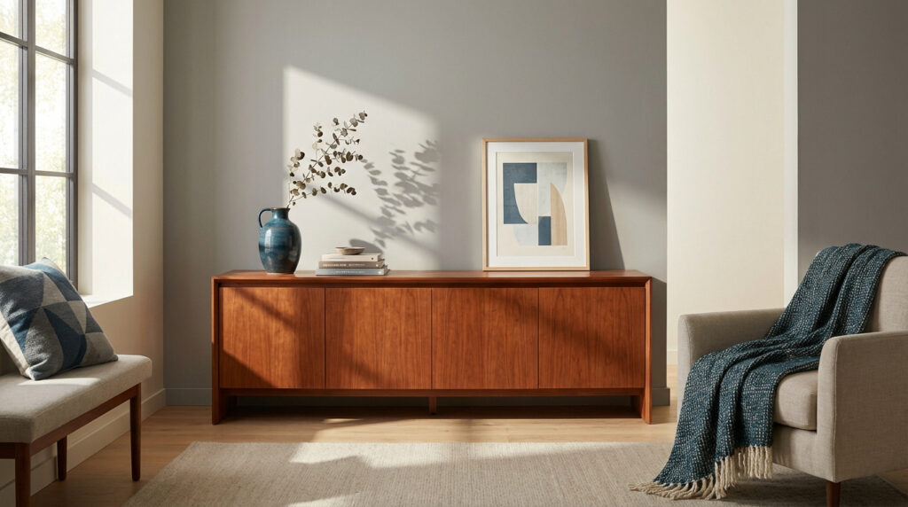 Intérieur moderne et lumineux : buffet en merisier devant un mur gris clair, fauteuil avec plaid bleu, banc et tableau.