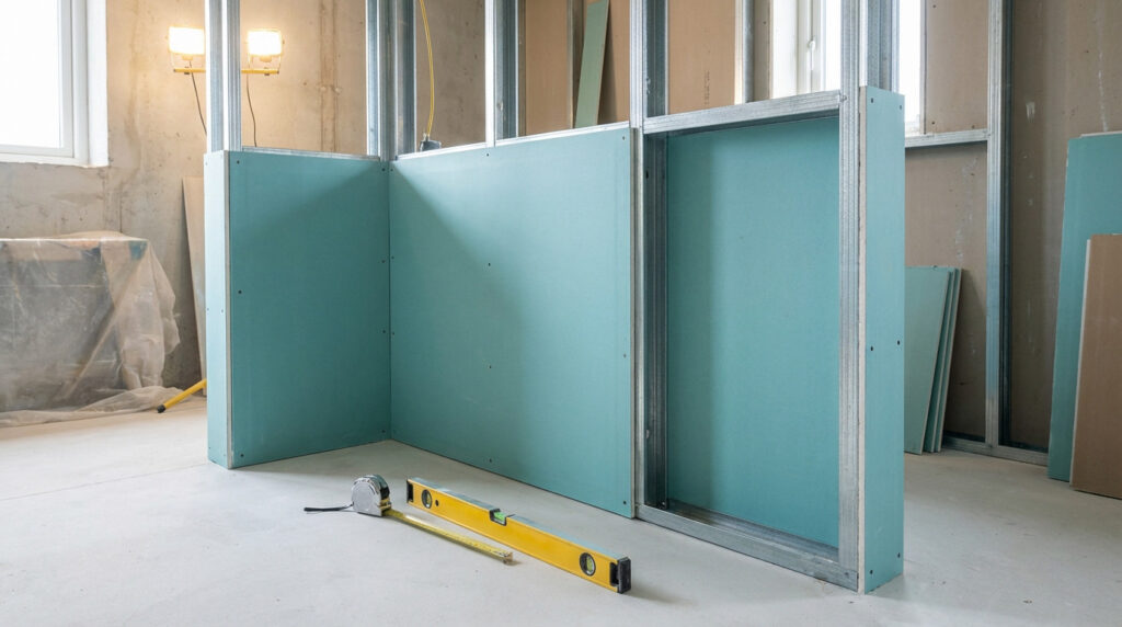 Partially installed green hydrofuge plasterboard partition wall in a modern bathroom under construction, showing metallic framework, tools, and bright lighting.