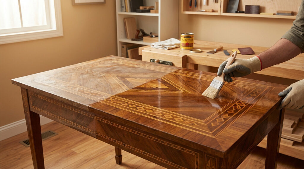 Gloved hands apply finish to a marquetry table, highlighting old dull wood vs. new gleaming sections. Restoration tools sit nearby in a warm, well-lit DIY setting.