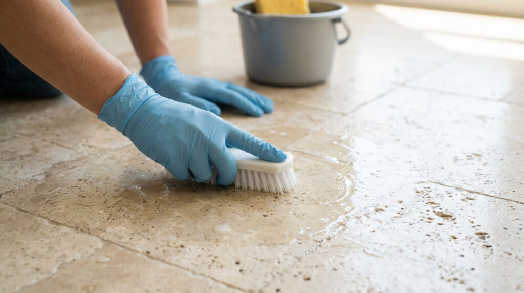 Close-up of hands in blue gloves meticulously scrubbing a wet, porous beige travertine floor with a white brush. Bucket in background.