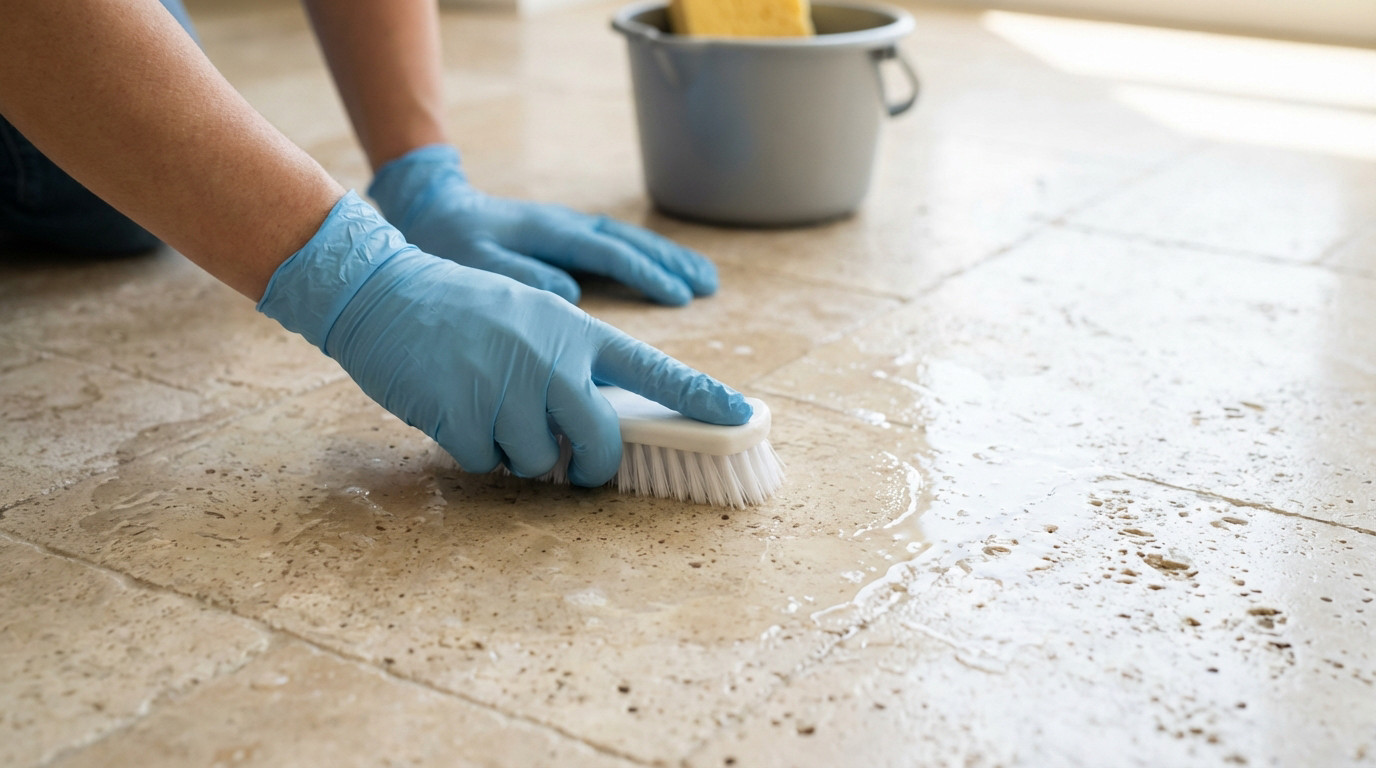 Close-up of hands in blue gloves meticulously scrubbing a wet, porous beige travertine floor with a white brush. Bucket in background.