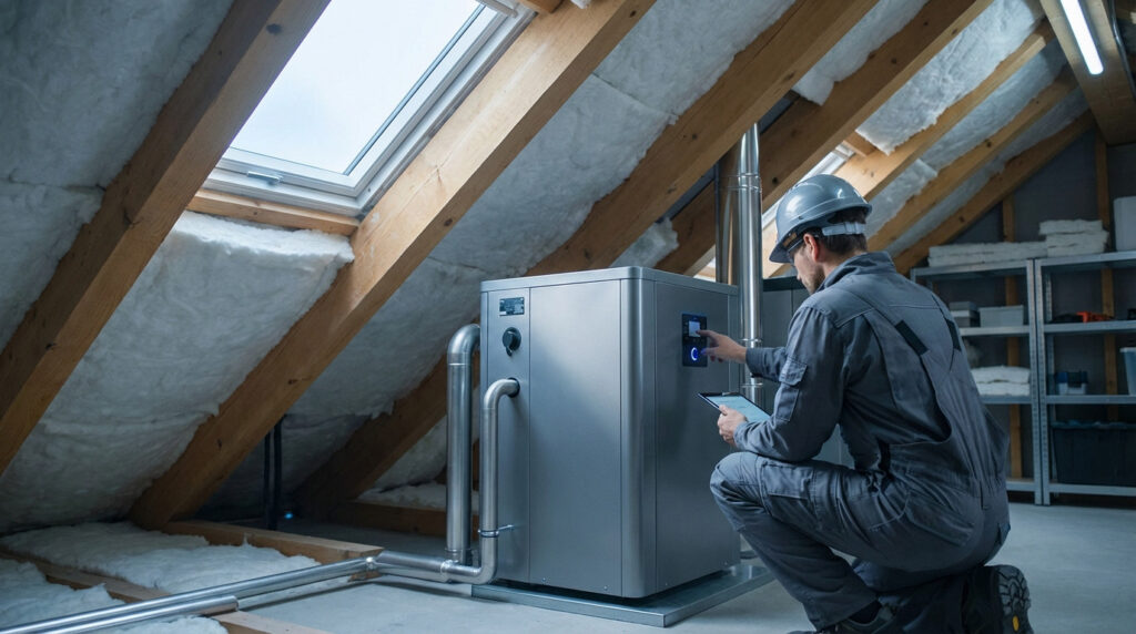Technician inspects a sleek, modern heat pump in a brightly lit attic, featuring wooden beams, insulation, and a skylight.