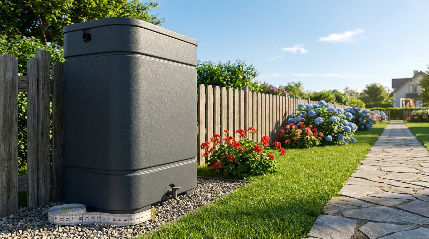 Dark grey rainwater tank in a vibrant green garden with red geraniums, blue hydrangeas, a wooden fence, and stone path. Measuring tape visible.