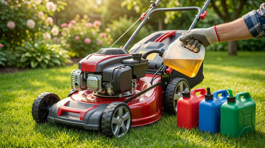 A hand refuels a modern red lawnmower with golden gasoline from a clear container, beside three color-coded fuel cans in a sunny garden.