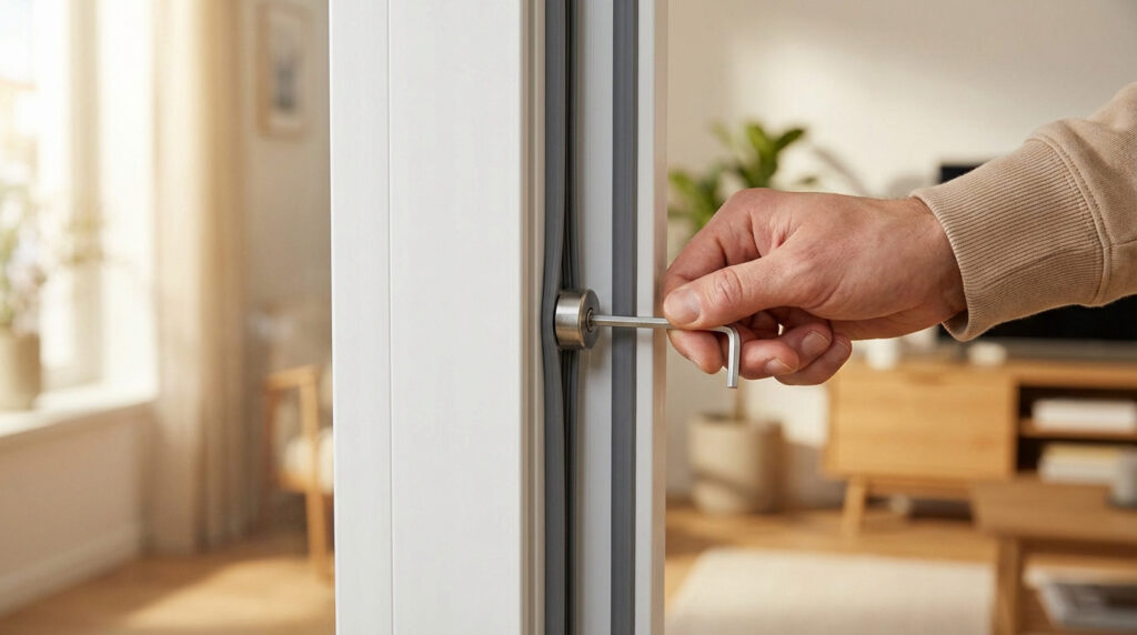 Gros plan sur une main ajustant la compression d'une porte blanche à l'aide d'une clé Allen pour l'isolation.
