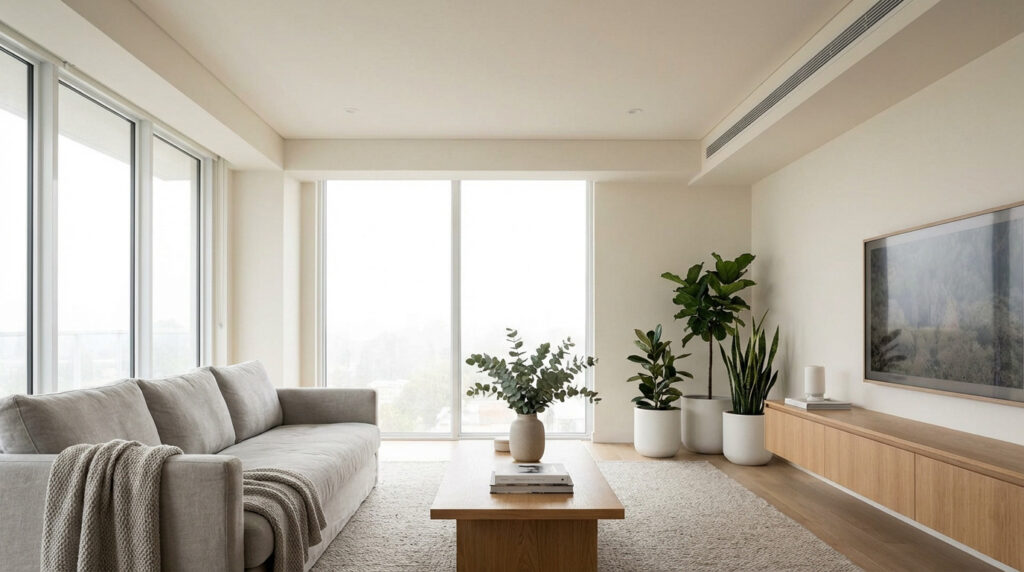 Bright, modern minimalist living room with a grey sofa, wood coffee table, plants, and a subtle linear ceiling air vent for comfort.