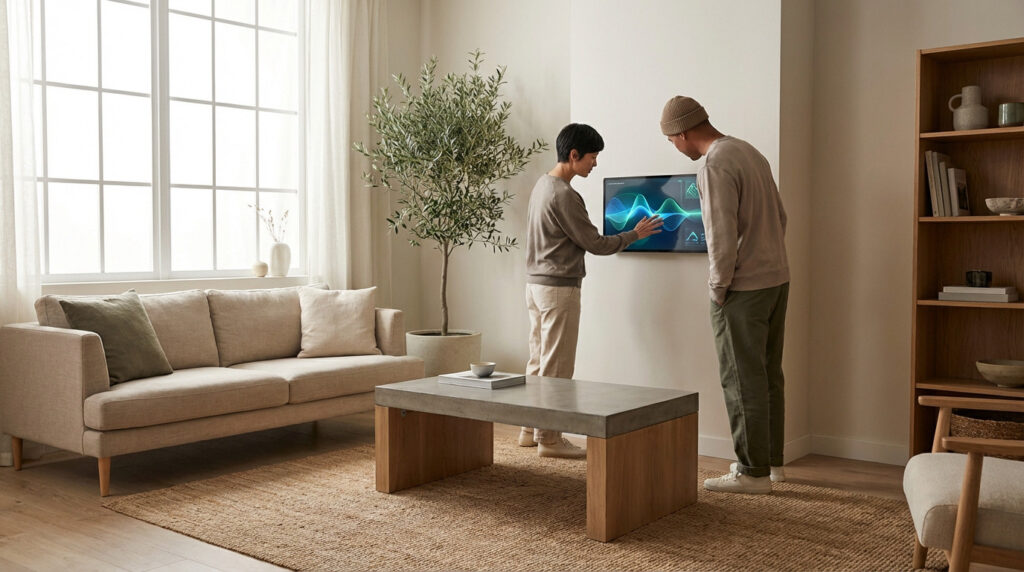 Two individuals discuss abstract energy usage on a smart monitor in a modern, neutral-toned living room, reflecting thoughtful planning.