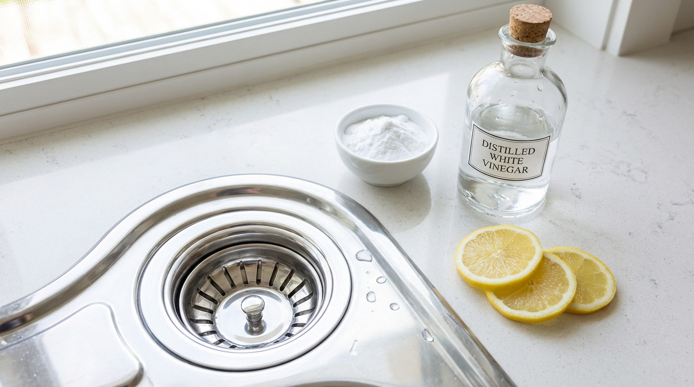A close-up of a gleaming kitchen sink drain with baking soda, vinegar, and lemon slices on a light countertop, bathed in natural light.