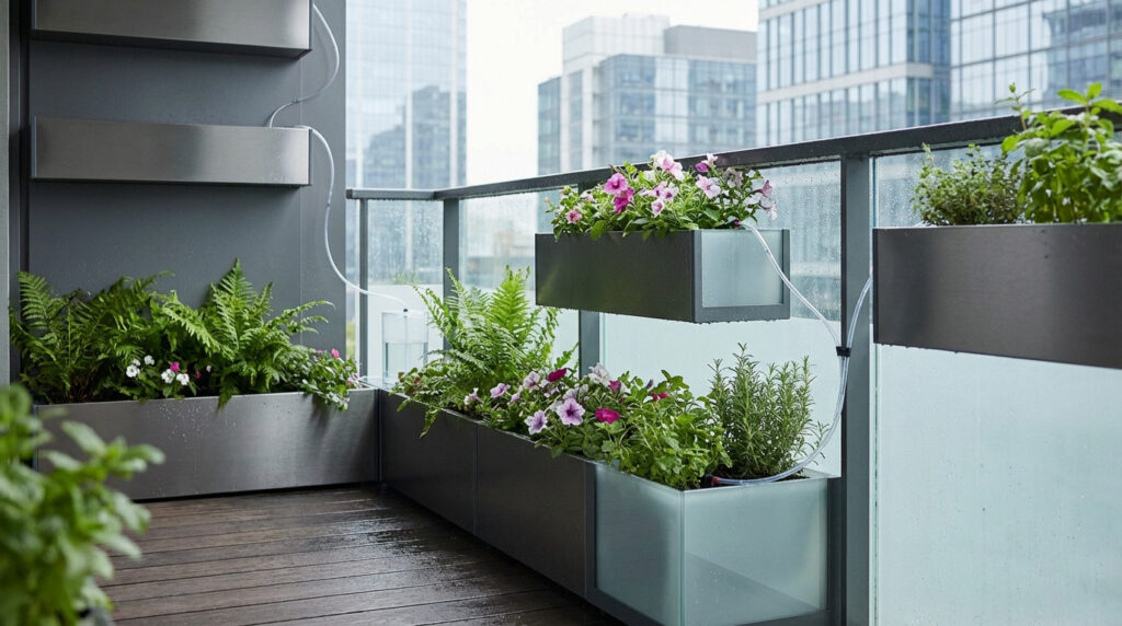 Modern urban balcony with sleek rainwater harvesting planters feeding lush plants. Blurred city buildings in background. Fresh, sustainable design.