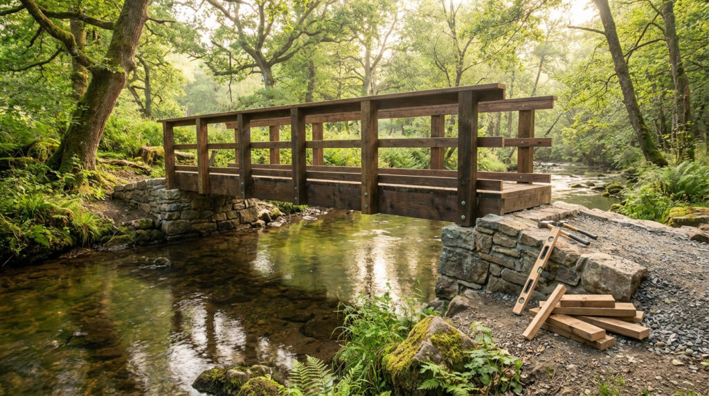 A newly built timber and stone bridge spans a clear stream in a lush, sunlit forest. Construction tools lie nearby.
