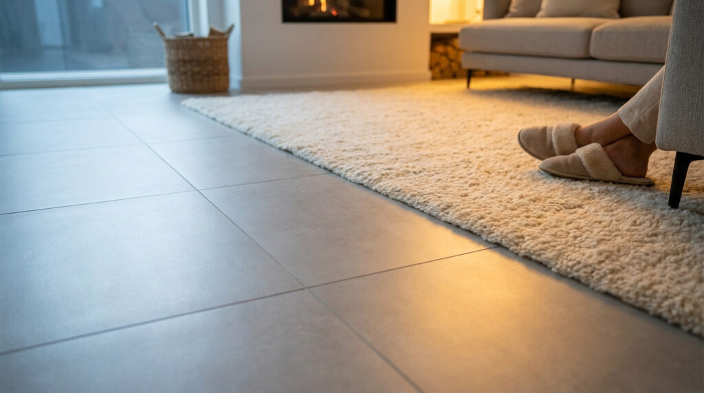 A low-angle view of a modern tiled floor, half covered by a warm, cream rug where slippered feet rest comfortably.