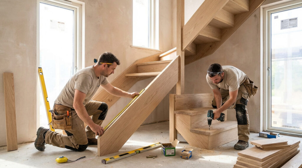 Deux artisans installent un escalier quart tournant en bois brut. L'un mesure un limon, l'autre perce une marche.