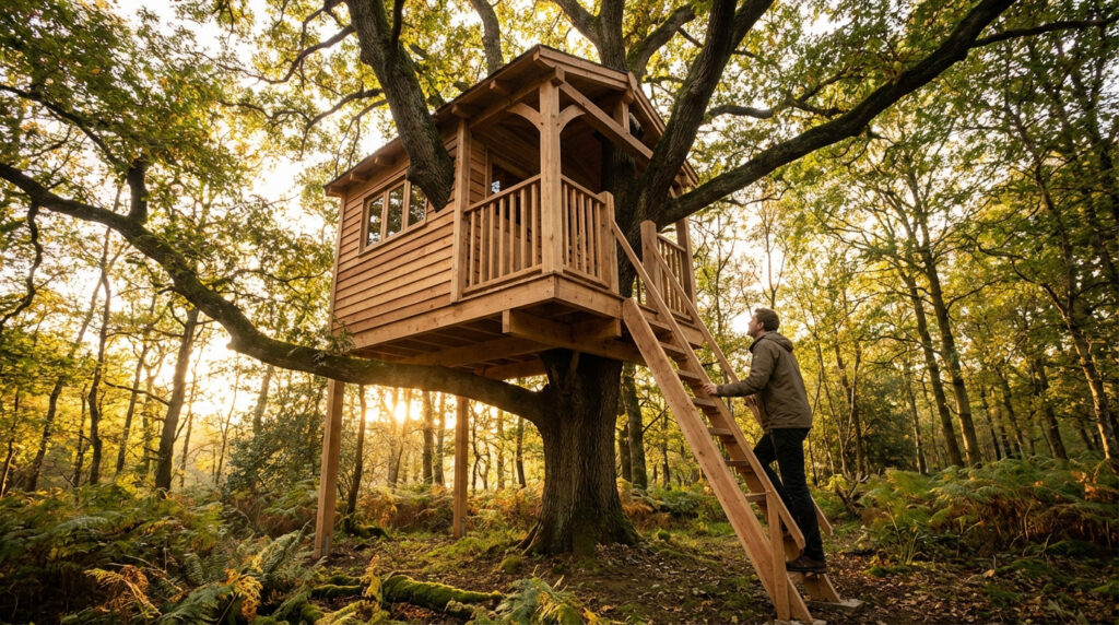 Cabane en bois solide et durable perchée sur un grand arbre, un homme monte une échelle en forêt sous un soleil couchant.