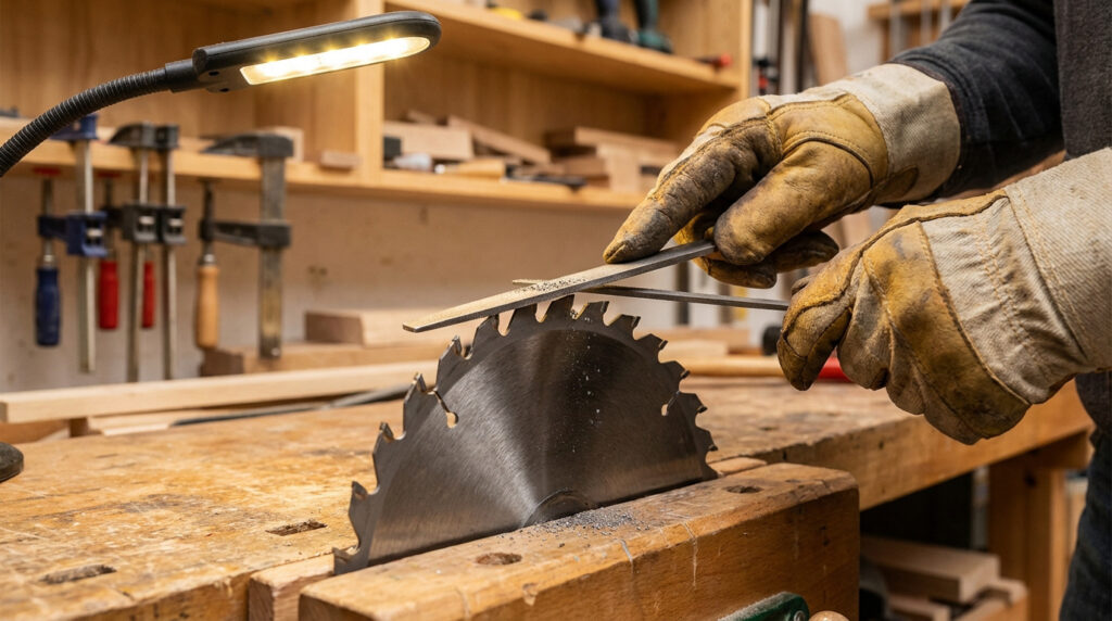 Mains gantées affûtant une lame de scie circulaire avec une lime sur un établi en bois, sous l'éclairage d'une lampe LED.