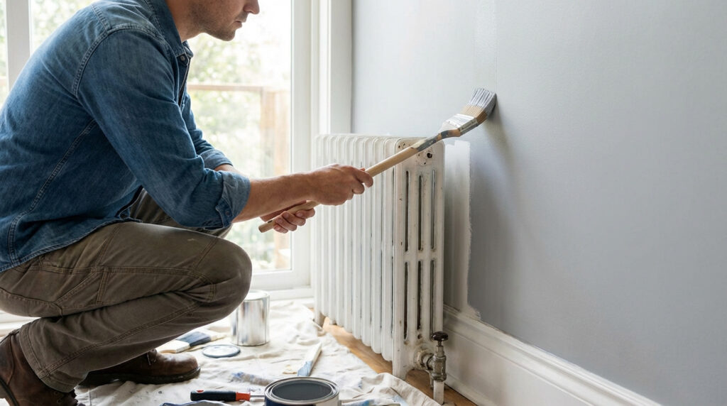 Un homme peint un mur gris derrière un radiateur blanc à l'aide d'un pinceau spécial, sans démonter l'appareil.