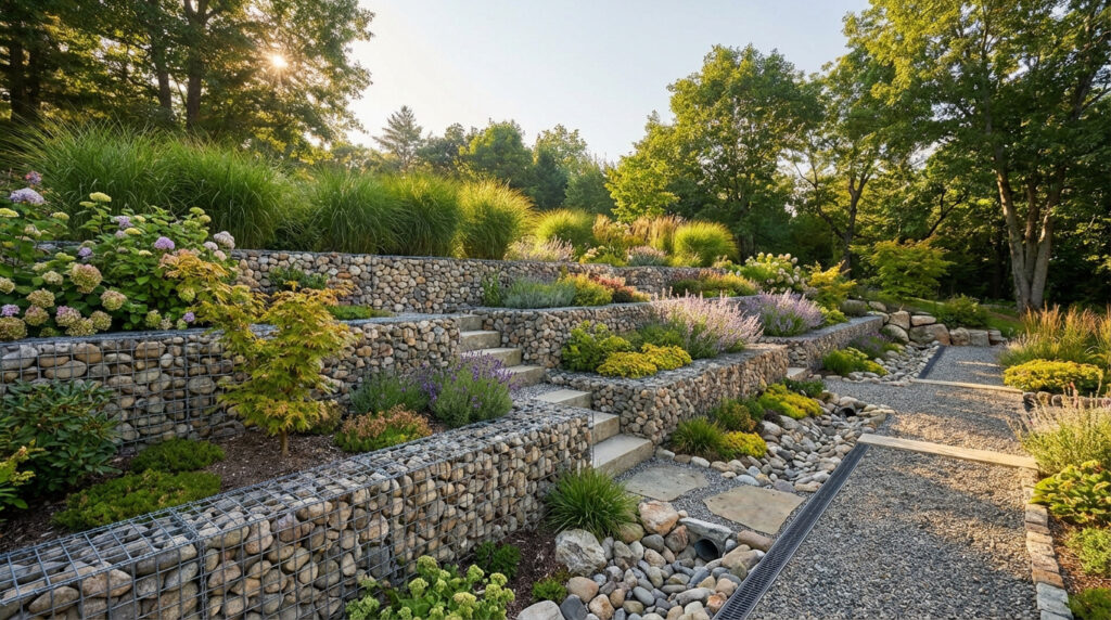 Jardin en pente aménagé avec murs de soutènement en gabions, escaliers intégrés, chemin de gravier et végétation variée.