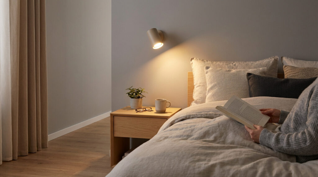 Personne lisant un livre au lit, éclairée par une applique murale beige. Chevet avec plante, tasse et lunettes dans chambre cosy.