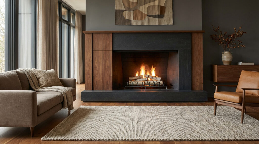 Salon moderne et chaleureux avec foyer ouvert en pierre et bois, canapé, fauteuil en cuir et tapis clair. Un feu brûle.