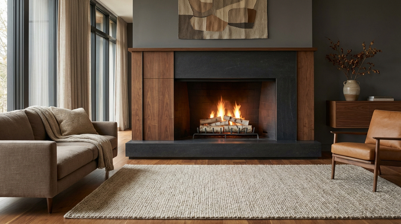 Salon moderne et chaleureux avec foyer ouvert en pierre et bois, canapé, fauteuil en cuir et tapis clair. Un feu brûle.