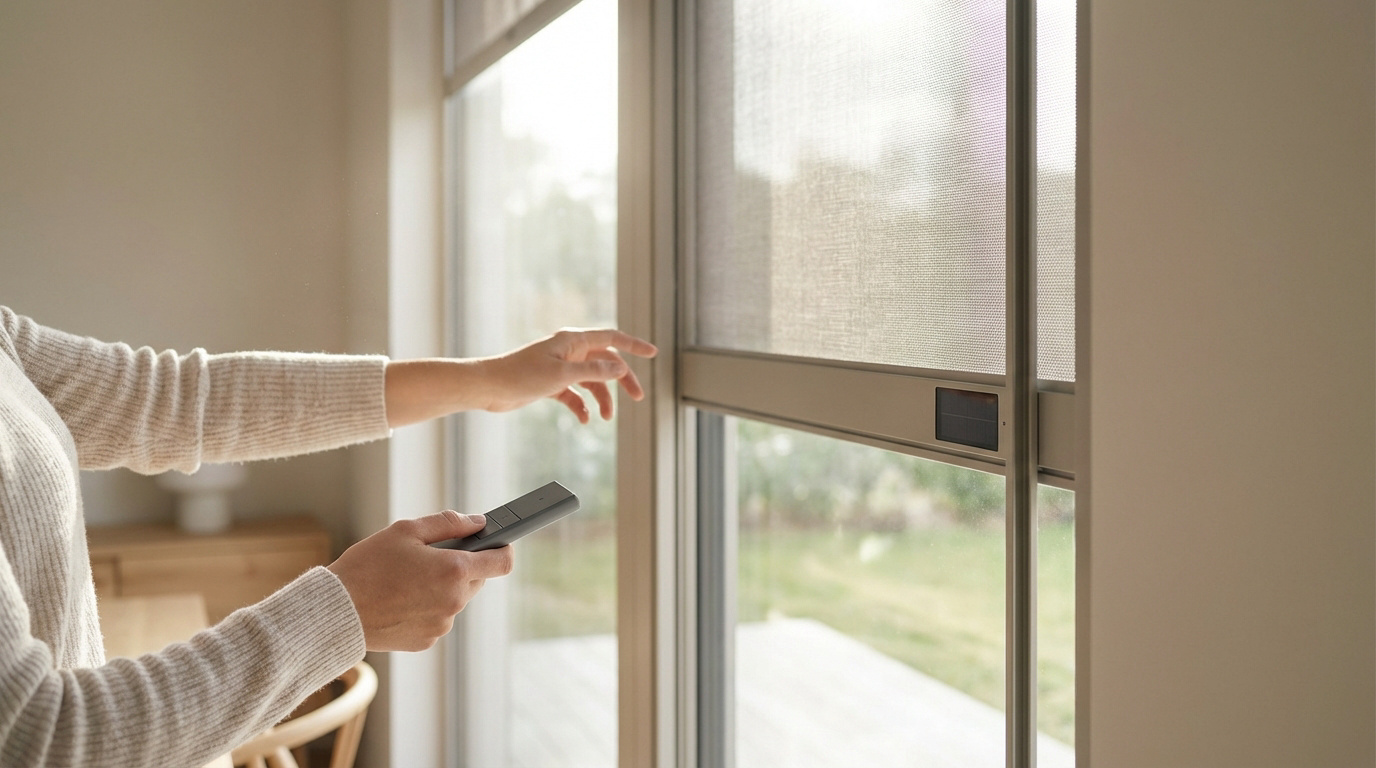 Mains d'une personne ajustant un store Velux solaire à l'aide d'une télécommande, avec panneau solaire visible.